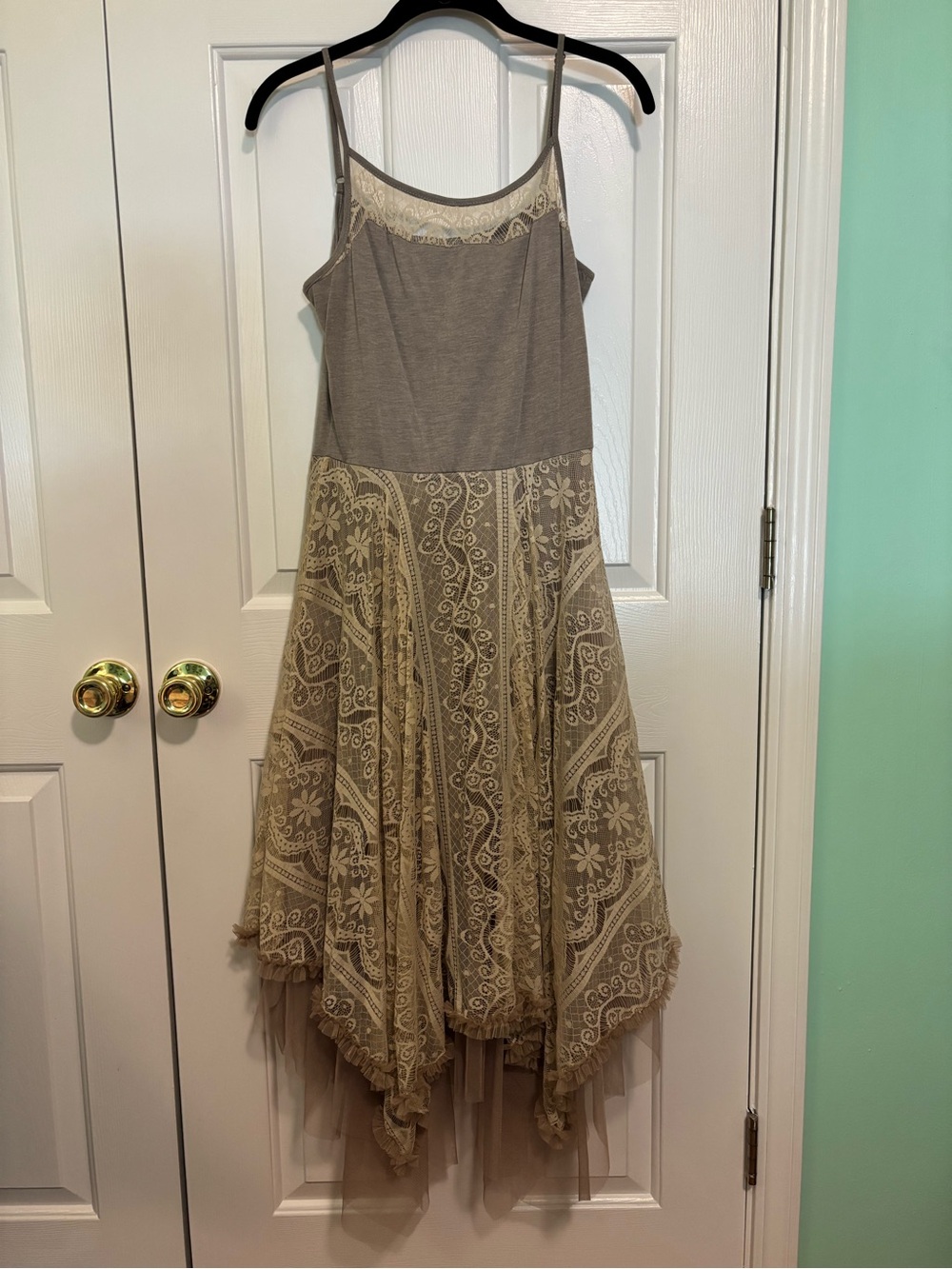 Altar'd State Taupe Lace Handkerchief Hem Spaghetti Strap Dress - EUC